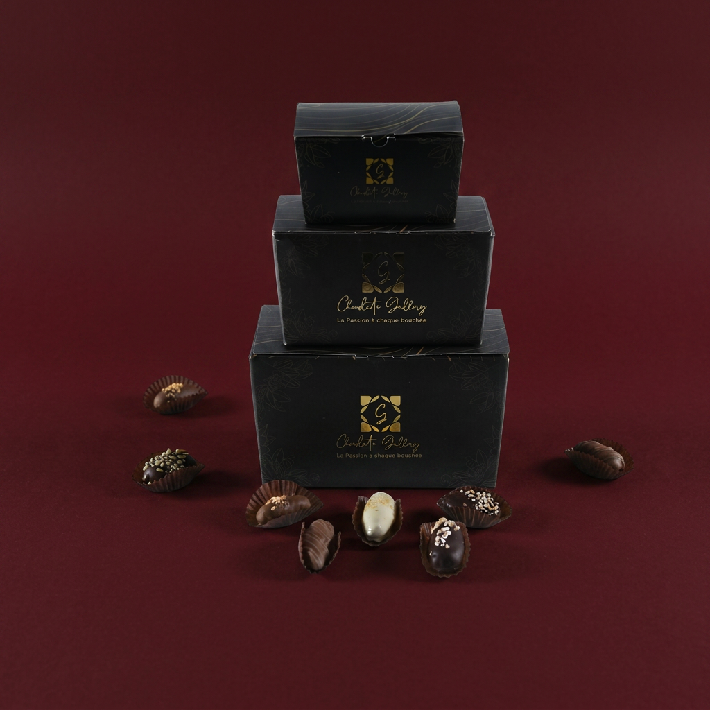 Ballotin de Dattes Fourrées — fond bordeaux