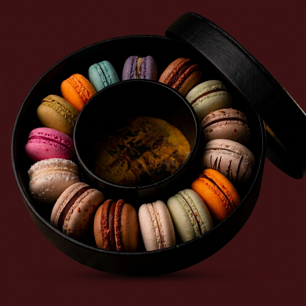 Coffret de Macarons — fond bordeaux