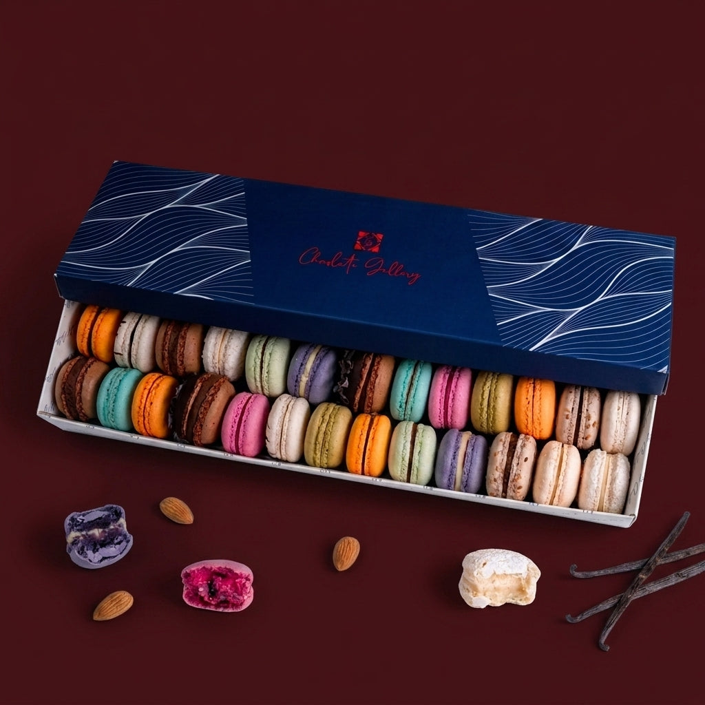 Boîte de Macarons — fond bordeaux