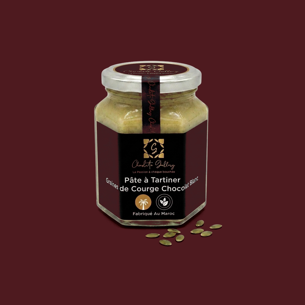 Pâte à Tartiner Graines de Courge Chocolat Blanc — fond bordeaux