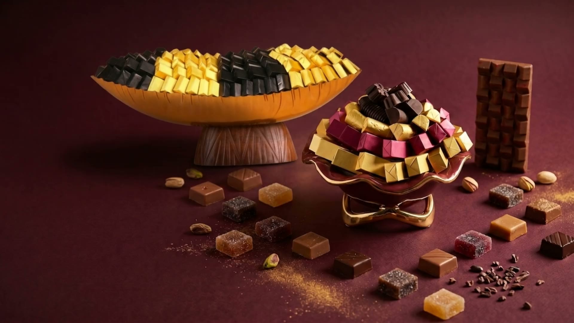 Chocolate Gallery — coffrets et créations sur fond bordeaux