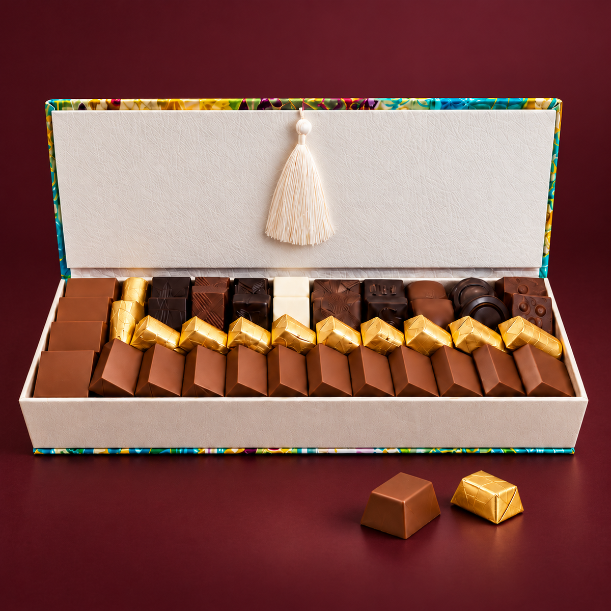 Coffret Art Déco — fond bordeaux
