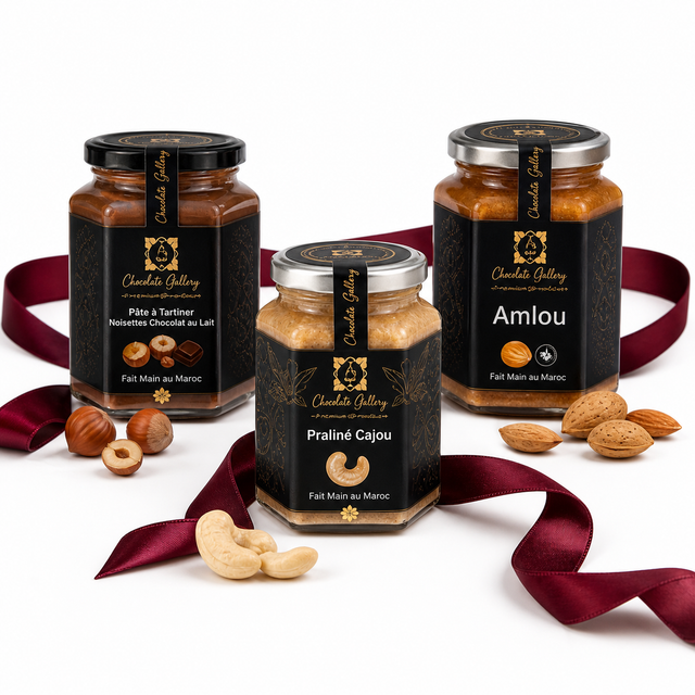Pack 3 Pâtes à Tartiner au Choix : trois pots Chocolate Gallery avec ruban bordeaux