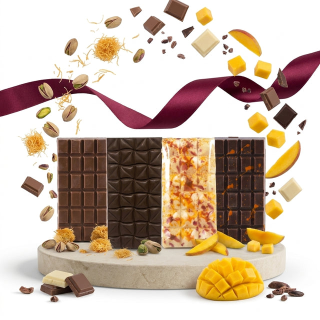 Pack 4 Tablettes au Choix : quatre tablettes de chocolat variées avec pistaches, kunafa et mangue, avec ruban bordeaux
