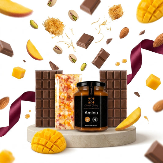 Pack Découverte : 2 tablettes Pistache & Kunafa, 1 tablette Mangue Chocolat Blanc et 1 Amlou, avec ruban bordeaux